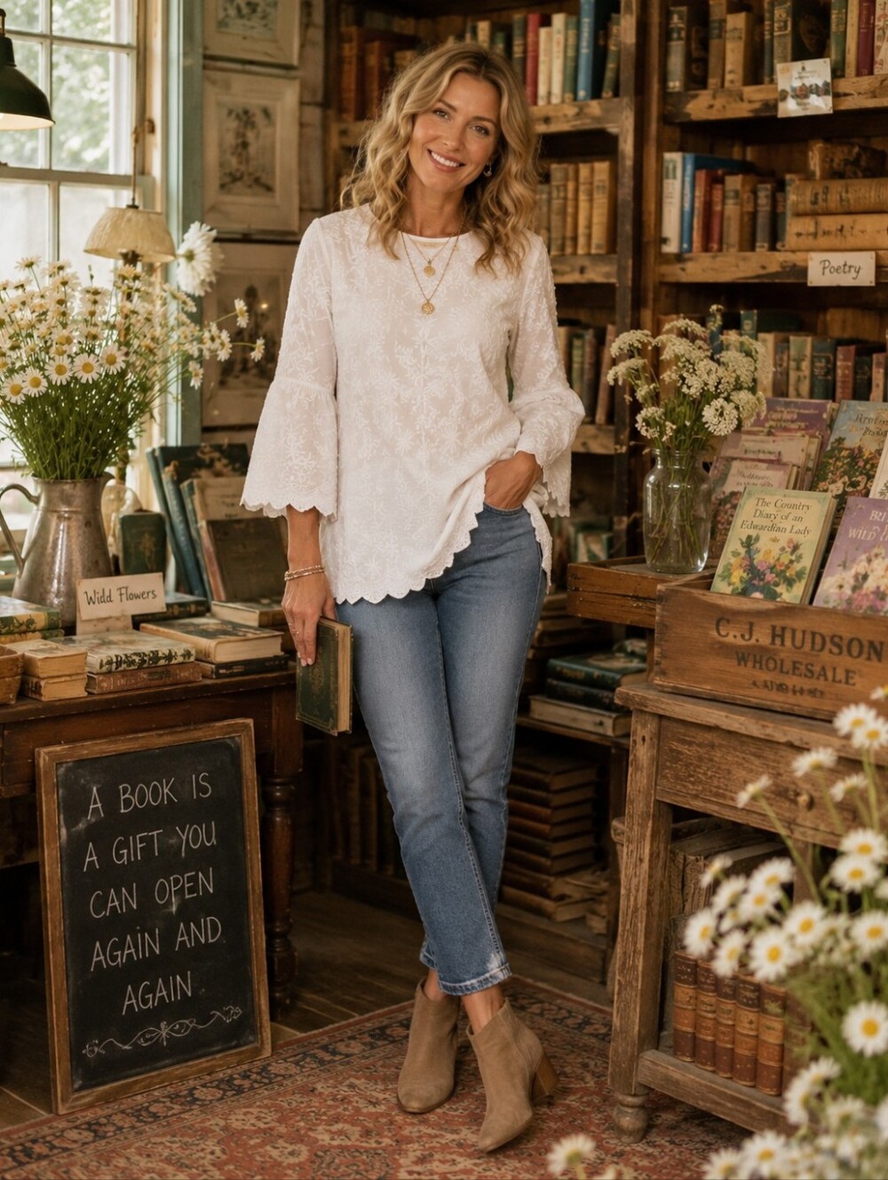 Soft Surroundings Rosalie Floral Appliqué Bell Sleeve Top White Large - Picture 2 of 6